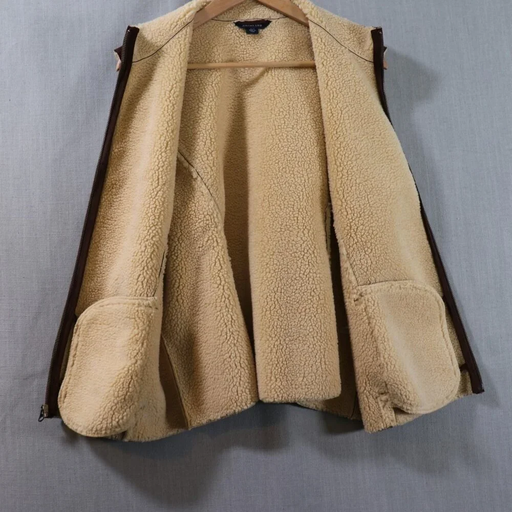 Lands End Faux Suede Sherpa Vest Women’s XL Petite 18-20 Brown Lined Full Zip - Picture 4 of 16